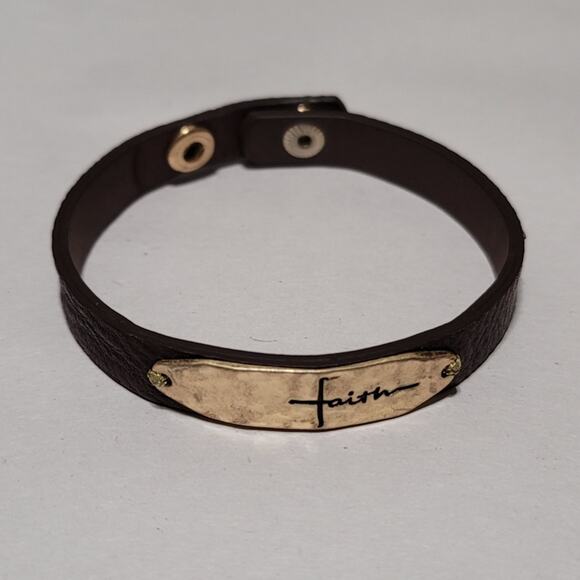 Faux-Leather Spiritual Brown Bracelet with Gold-Tone Faith Plaque - Picture 5 of 8